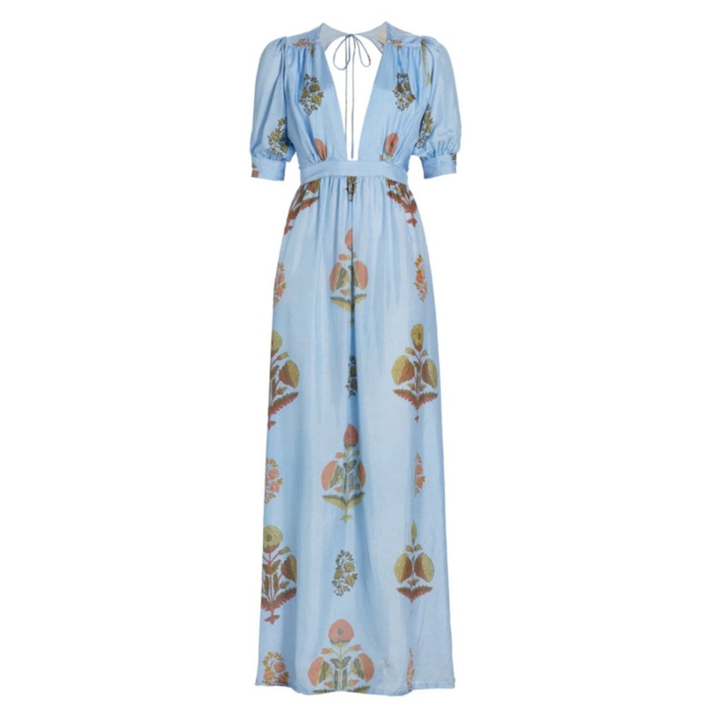 B43 Hannah Artwear Surya Floral Silk Maxi Dress Womens 1 US 6 Blue Puff Sleeve - Picture 3 of 15
